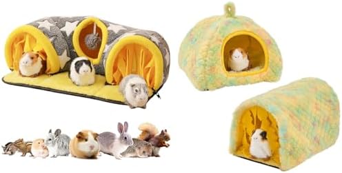 Avont Guinea Pig Hideout Tunnel Bundle with 2 Pack Guinea Pig Hideout Bed and Tunnel Toys Set with Curtain