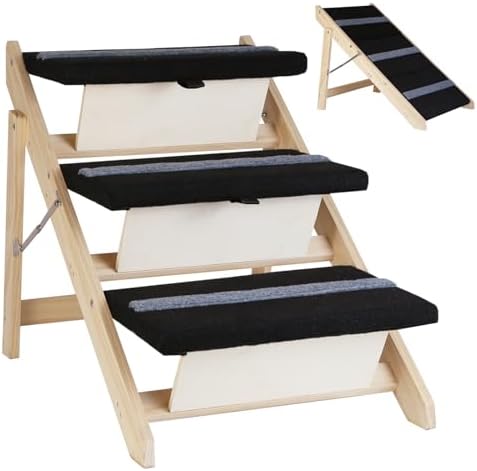 2-in-1 Indoor Pet Ramp, Wooden Folding 3-Tier Pet Stairs with Non-Slip Carpeted Steps, Ramp Perfect for Bed and Couch
