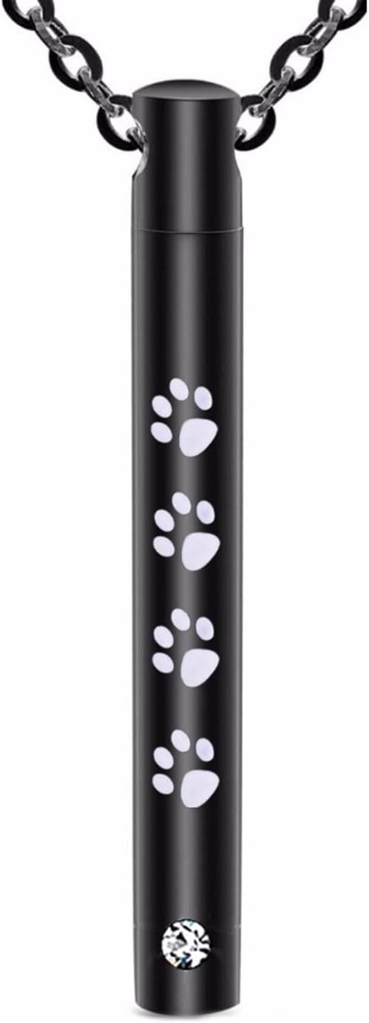 Cylinder Cremation Urn Necklace for Ashes Memorial Keepsake Pendant with Pet Paw Stainless Steel Remembrance Jewelry