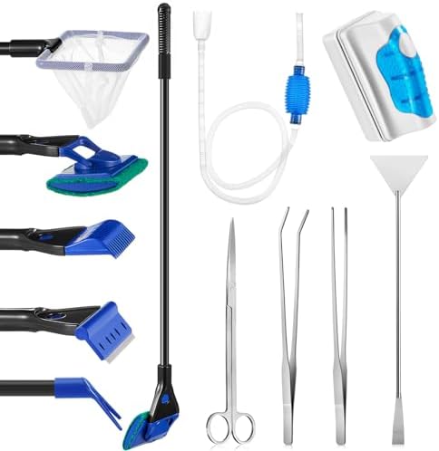 Aquarium Fish Tank Cleaning Tool Kit Include 4 Pcs Long Aquascape Tools Kit 1 Pcs Magnetic Glass Cleaner Brush 5 in 1 Fish Tank Gravel Cleaner and Siphon Vacuum for Terrarium Fish Tank Set