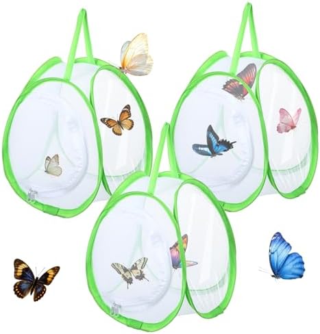 3 PCS Mini Butterfly Habitat Cage Foldable Insect Mesh Cage with Handle & Zipper Portable Butterfly Net Habitat Bug Terrarium for Transporting and Raising Critter Cage Easy to Observe, 10x 8.8x8Inch
