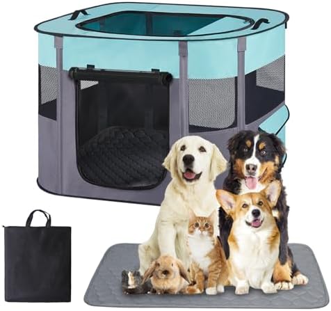 Pet Dog Cat Playpen with Waterproof Pad,Portable Puppy Kitten Rabbit Crate and Other Small Animals Kennel Cage Tent for Indoor Outdoor Travel Camping,Water-Resistant Breathable Shade Cover (Green S)