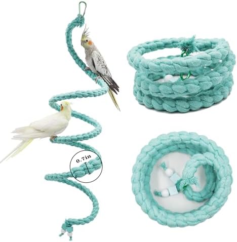 Bird Cage Accessories: Hanging Spiral Bird Rope Perch with Metal Hook, for Budgie, Lovebird, Parakeet, Cockatiel, Conure, Quaker, Caique, Small to Medium Birds