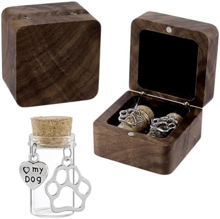 NBEADS Personalized Pet Hair Keepsake Box, Wooden Dog Hair Memorial Shadow Box with 2 Pcs Glass Cork Wishing Bottles Pet Memorial Gift for Loss of Dog or Cat