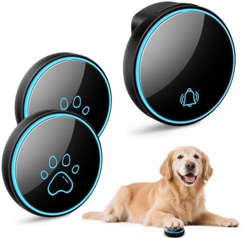 Smart Wireless Dog Door Bell, Doggie Doorbell for Pet Potty Training Communication Go Outside Press Button with 38 Melodies 4 Volume Levels LED Flash (1 Receiver & 2 Transmitter), Black