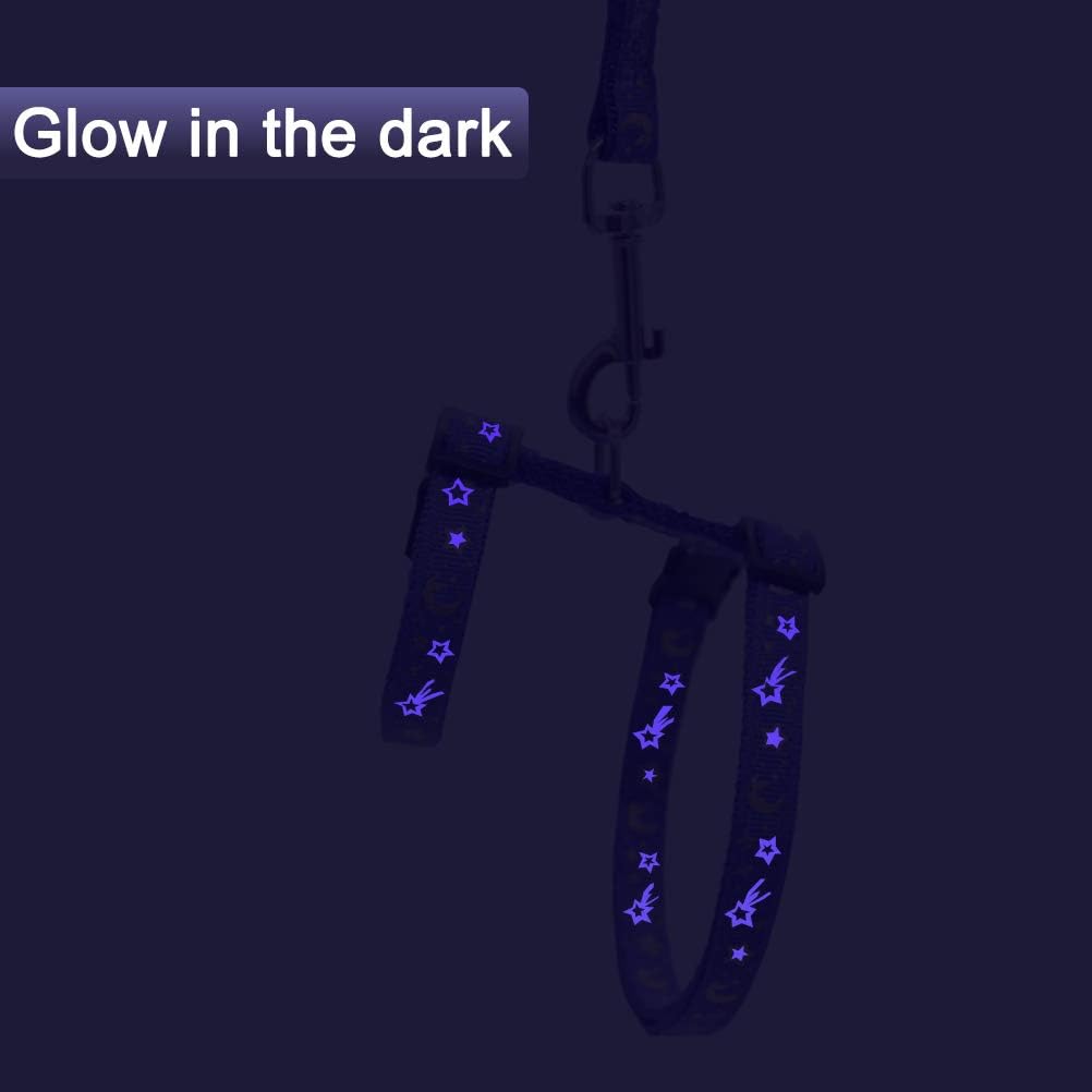 Cat Harness and Leash Set for Outdoor Walking Escape Proof Adjustable Soft Safety Strap with Golden Star and Moon Design Glow in The Dark Purple XL