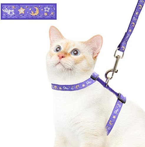 Cat Harness and Leash Set for Outdoor Walking Escape Proof Adjustable Soft Safety Strap with Golden Star and Moon Design Glow in The Dark Purple XL