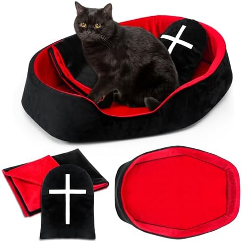 3 Pcs Gothic Coffin Cat Bed Set 19" Red Black Cat Bed Washable