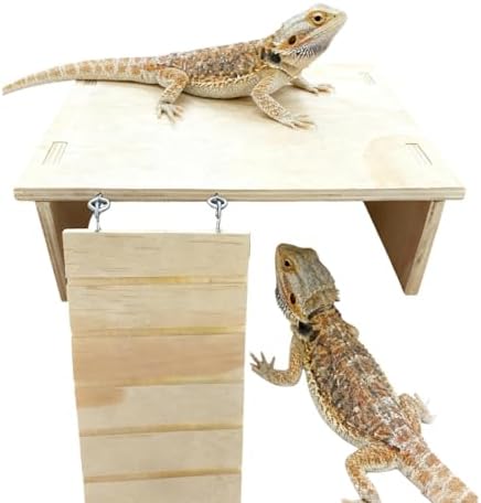 Bearded Dragon Tank Accessories, Assembled Wooden Hideout with Basking Platform and Ramp, Reptile Habitat Accessories for Bearded Dragon, Gecko, Snake, Skink and Other Small Animals