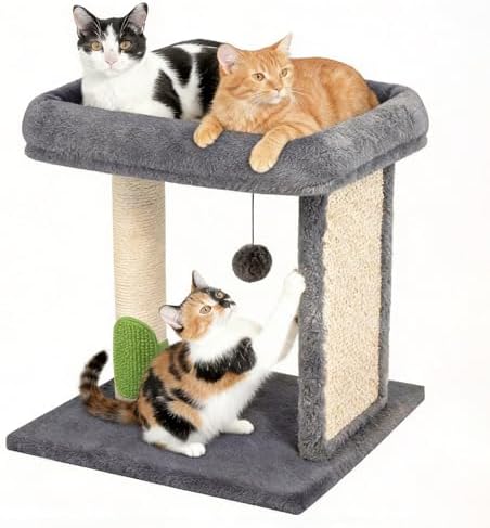 Cat Scratching Post Small Cat Tree with Cat Self Groomer, 17.3x13.4” Wide Top Bed, Natural Scratch Post and Danging Ball Great for Kittens and Average Indoor Cats-Grey