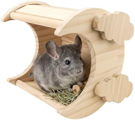 Moon Shaped Pine Wood Chinchilla Hideout, Cage Accessories for Hamsters