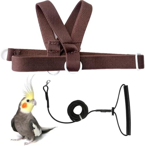 VANFAVORI Adjustable Bird Harness Elastic with 80-inch Flying Leash, Coffee Brown