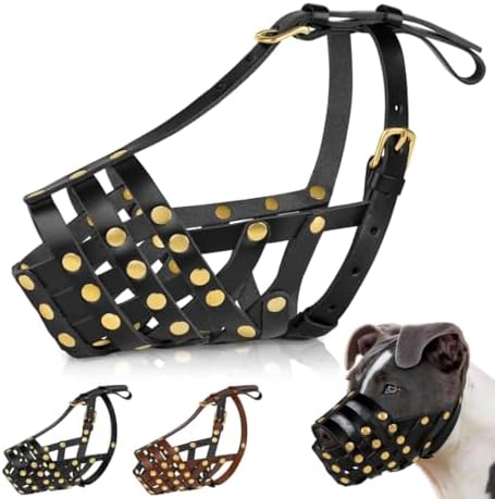 OOPSDOGGY Pitbull Dog Muzzle for Large Dogs - Leather Breathable Secure Basket Muzzle for Medium Large Breeds Prevents Biting No Chewing Amstaff Staffordshire Terrier (Black)