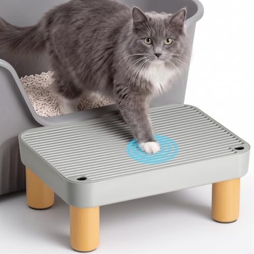 Large Litter Box Step for Big Cats, 15.8" x 11.8" x 5.9" Litter Box Ramp/Catcher with Wooden Base, Anti-Tracking Litter Catcher, Easy to Clean, for Large and Automatic Litter Boxes, Gray