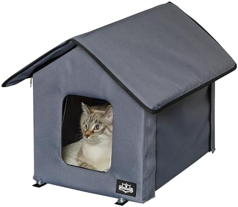 Heated Cat House - Double-Door Cat Bed with Zippered Roof, Pet Heating Pad, and Sherpa Cover - for Garage, Porch, Barn, or Basement by PETMAKER (Gray)