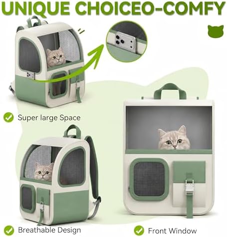 Large Cat Backpack Carrier with Front Window & Super Large Space, Designed for Long Adventures Travel Hiking, Pet Carrier Backpack for Cats Small Puppies up to 16.5lbs, Green White