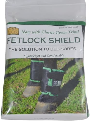 Click Horse Fetlock Shield, Horse Wrap, Prevents Pressure Sores & Bed Sores Fetlock Shields for Horses, Protection Horse Boots, Bedsore Boots, Nylon Lined Interior Black w/Green Trim - One Size