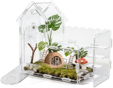 Magnetic Acrylic Terrarium for Jumping Spiders & Small Pets – Easy-Access Front Opening, Feeding Hole, Ideal for Reptiles, Tarantulas, Hermit Crabs & More