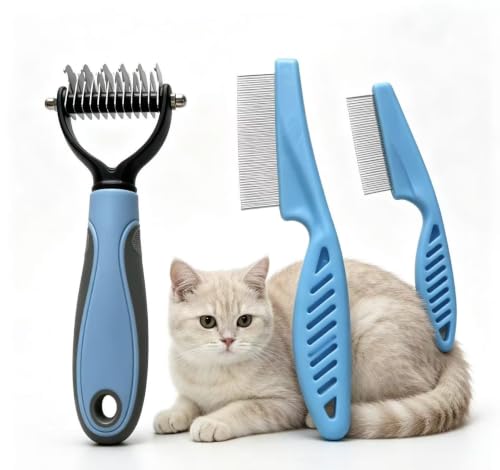 Pet Dematting Comb Kit, 1pc Double Sided Undercoat Rake for Mats & Tangles + 2Pcs Metal Pet Comb, Grooming Brush Set for Long Silky Haired Dogs and Cats, Small Size