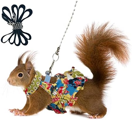 Squirrel Harness and Leash Set, Adjustable Flora Blue Printing, for Ferret, Squirrel, Dwarf Chinchilla, Guinea Pig, Fancy Rat
