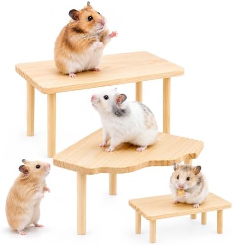 3 Pcs Hamster Platforms, Natural Pine Hamster Play Table, Rectangular & Triangle Hamsters Wooden Playground with Platforms for Hamsters, Gerbils, Mice, Squirrel, Small Pets Cage Accessories