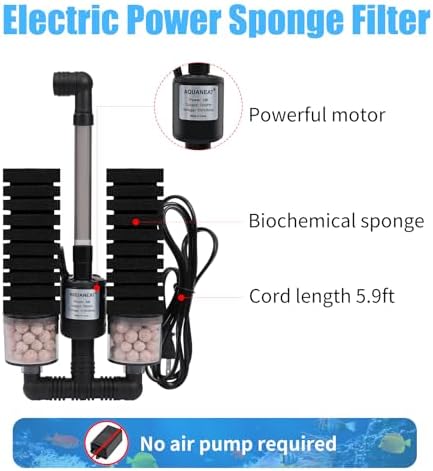 AQUANEAT Aquarium Electric Sponge Filter for Fish Tank, with Pump, with 2 Extra Sponges, Large up to 55Gal
