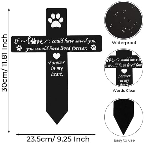 Pet Grave Marker Memorial Stake, Waterproof Metal Pet Loss Memorial Plaque, Outdoor Garden Cemetery Decor for Dog Cat, Black Sympathy Garden Stake