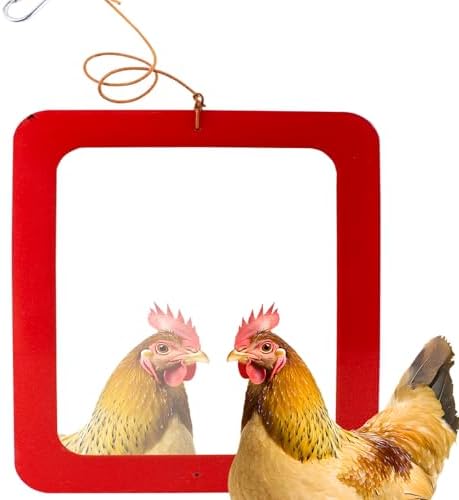 FlidRunest Extra-Large Size Chicken Mirror Toys for Coop, 11.8'' x 9.8'' Hanging Chicken Enrichment Swing Mirror Acrylic, Double-Sided Coop Accessories for Hens Birds Parrots Roosters Red
