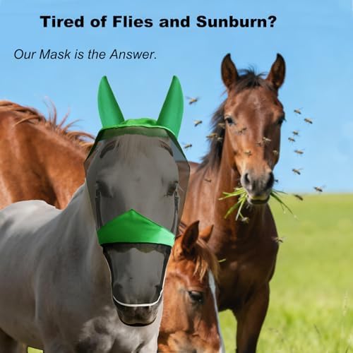 Fly Masks for Horses with Ears and Nose Cover - Comfortable Horse Fly mask with Ears for UV Protection & Sun Shield – Soft Lightweight- Breathable Horse mask (Long Nose, L)