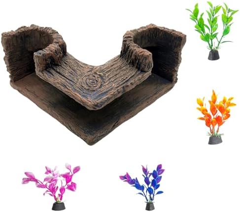 Fish Tank Tree Hole Hideout with 4 Artificial Aquarium Plants