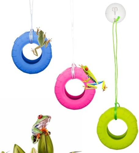 3 Pack Colours Tree Frog Tire Swing,Suction Cup Hook Climbing Toy,Tree Frog Terrarium Accessories - A Must-Have for Any Reptile Amphibian Small Aquatic Animals Lover!