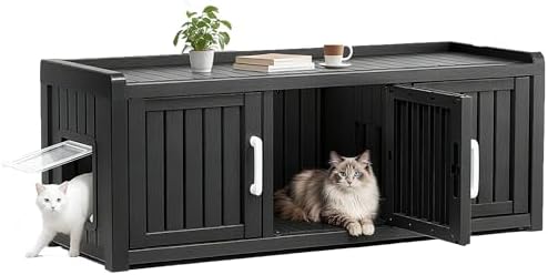 Cat Litter Box Enclosure, Hidden Cat Litter Box Furniture for 2 Cats, Resin Outdoor Cat Enclosure with Hidden Toilet, End Table, Fit Cat Litter Box, Black-Dual-Side Entry/exit