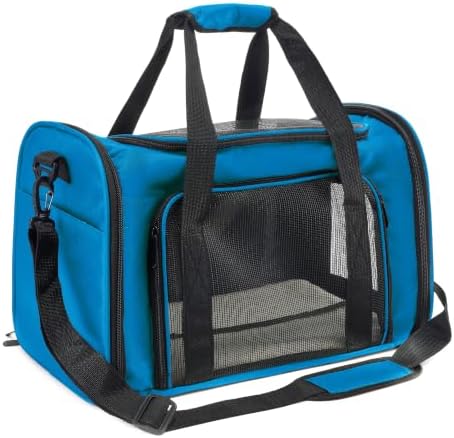 Soft Sided cat Carrier Bag Breathable Mesh Cat Dog Travel Carrier with Hand & Adjustable Crossbody Shoulder Strap (Blue, 17.0''L × 12.6‘’W × 11.9‘’H)