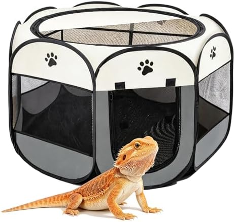 Bearded Dragon Playpen, Foldable Portable Reptile Exercise Pen with Breathable Mesh Top, Indoor Outdoor Small Animal Cage Habitat for Lizard, Bearded Dragon, Hamster, Guinea Pig, Puppy Kitten