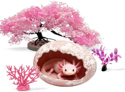 Axolotls Hide for Aquarium with Silk Plants for Tank Decor,Ceramic Aquarium Cave for Axolotls (Large, Pink)