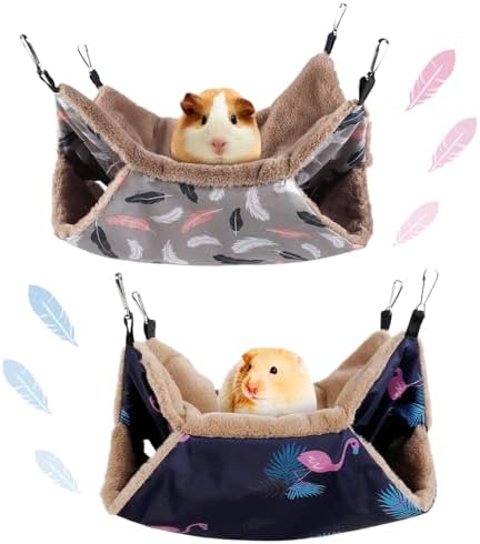 LYART 2 Pieces Guinea Pig Rat Ferret Hammocks and Warm Beds for Small Animals Pet, Squirrel Rat Ferret Cage Accessories and Toys for Sugar Glider Guinea Pig Hamster (1.Flamingo+Feather)