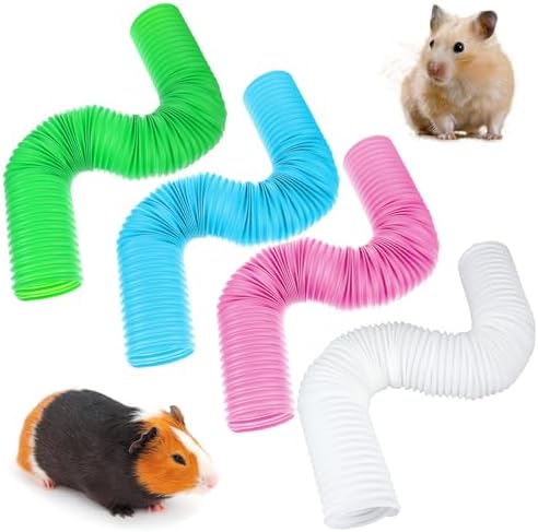 4 Pack Hamster Tunnels, Foldable Plastic Tube Toy & Hideout for Hamsters, Mice, Rats, Ferrets, Guinea Pigs, and Other Small Animals (Blue, Green, Pink, White)