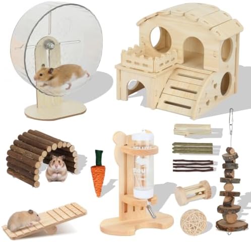Hamster Cage Accessories, Silent Hamster Wheel, 16 Chew Toys Set, Maze Wood House and Water Bottle Set for Rat Mice Small Animals Habitat，Chewable Strings, Bell Drum, Seesaws, and Bridges (Foundation)