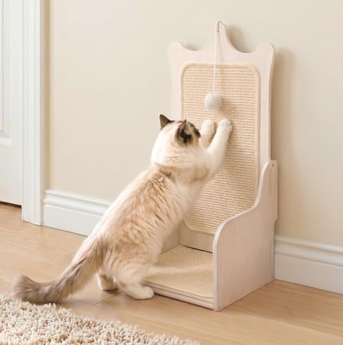 L-Shaped Vertical Sisal Cat Scratcher, Wooden Throne-Inspired Design