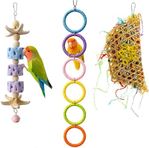 3 Pcs Bird Toy Set Calcium Stone Grind Block Shredder Paper Foraging Pouch 6 Ring Swing Chain Cage Accessories for Parrots Cockatiels Lovebirds Budgies