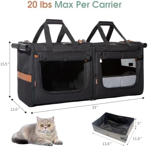 Large Cat Carrier for 2 Cats, Soft Sided Folding Pet Carrier with Litter Box, (16.5" x2) x12.6"x15.5" Dual Cabin with Zipper Locks, Comfortable Design for Travel