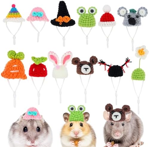 12Pcs Mini Knitted Hats for Hamster Small Animals with Adjustable Strap