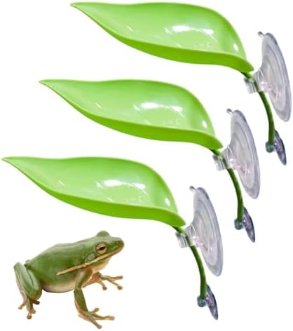 3 Pack Plastic Leaf Decorations with Suction Cups, Frog Habitat Platform, Reptile Decorations for Terrarium, Frog Tank Accessories, Terrarium Decor for African Dwarf, and Toad (Green)