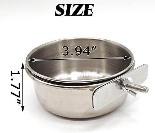 RONYOUNG 2PCS Bird Feeding Dish Cups with Spoon, Parrot Food Bowl Clamp Holder - Stainless Steel Coop Cup, Bird Cage Water Bowl for Parakeet African Greys Conure Cockatiels Lovebird Budgie Chinchilla
