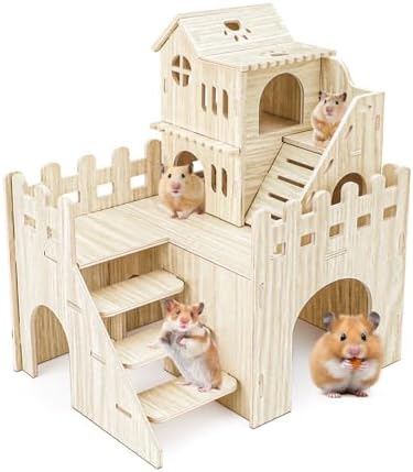 Wooden Hamster Hideout, Hamster Houses and Hideouts with Climbing Ladder, Hamster Maze Hamster Accessories for Bigger Syrian Hamsters and Small Animals