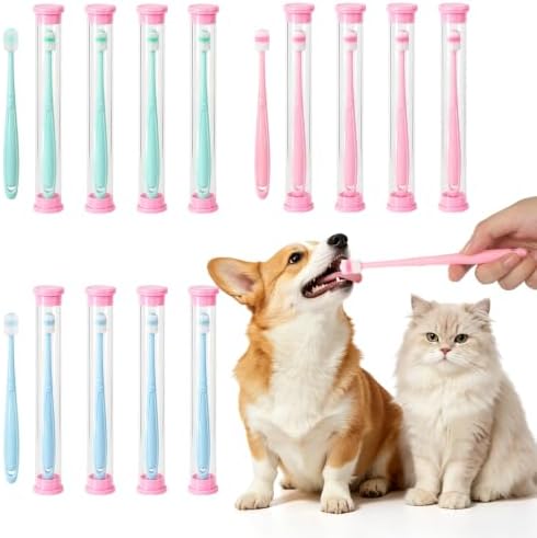 VZZNN 12 Pack Small Dog & Cat Toothbrush, 360 Degree Soft Silicone Pet Dental Care Kit with Holder, Suction Cup Base, Individually Wrapped, Gentle Teeth Cleaning for Kittens & Small Breeds