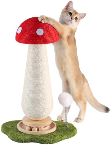Mushroom Cat Scratching Post with Interactive Ball Track Spring Ball Cat Toys, 21.2" Cat Sisal Scratcher Tree for Indoor Cats, Red