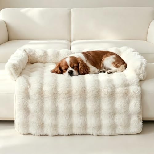 Large Plush Cat Mat for Sofa, Non Slip Cozy Pet Bed for Cats Small Dogs, Raised Edge Furniture Protector Mat, Beige L Size 29.5 x 29.5 Inch