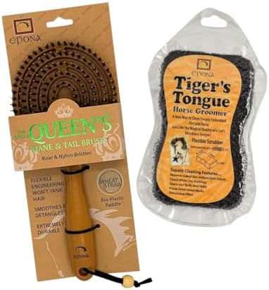 Epona Tigers Tongue Horse Groomer & The Queens Brush Set - Grooming Scrubber Sponge & Hair Brush for Removing Dirt & Dander on Horse's Mane & Tail - for Equestrians and Horse Owners, with E-Book