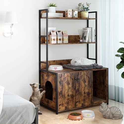 TrailBlaze Cat Litter Box Enclosure with 2 Storage Shelves, 52 Inch Hidden Litter Box Furniture, Stylish Cat Cabinet for Home, Brown